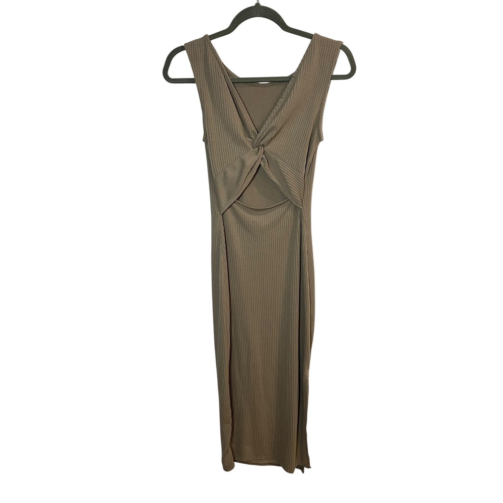 ANTISTAR Twist Front Cutout Midi Dress Tan Minimalist Ribbed Knit Medium